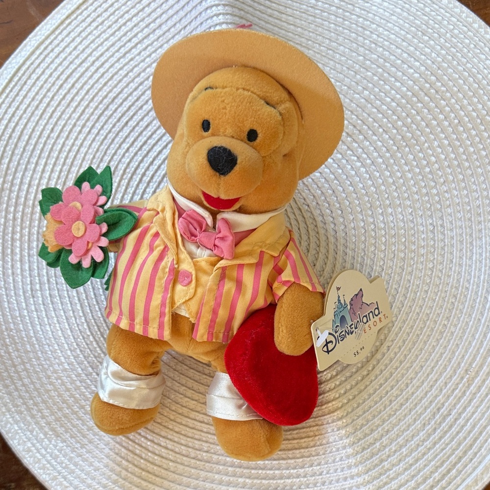 Disney Yellow Tan Winnie the Pooh Plush with Pink Stripes and Red Heart